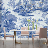 Blue oriental wallpaper creating calm atmosphere in master bedroom
