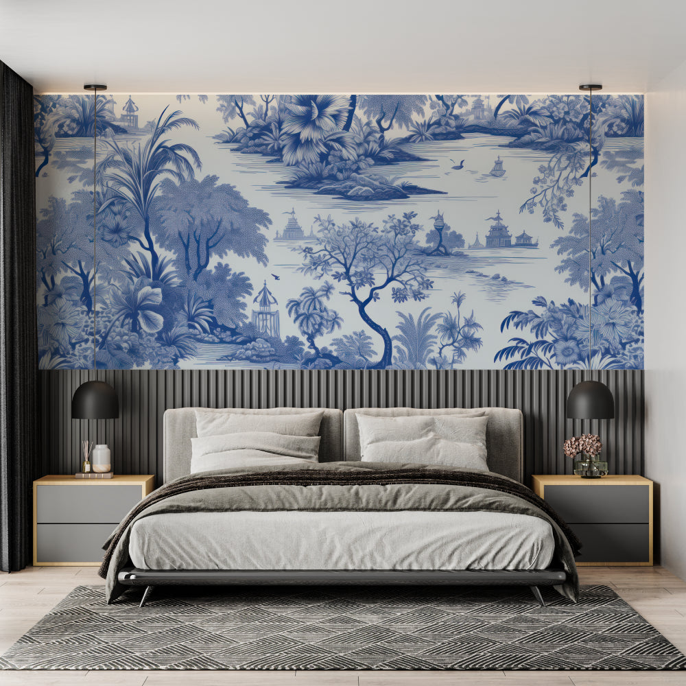 Chinese garden mural wallpaper making statement in luxury living room
