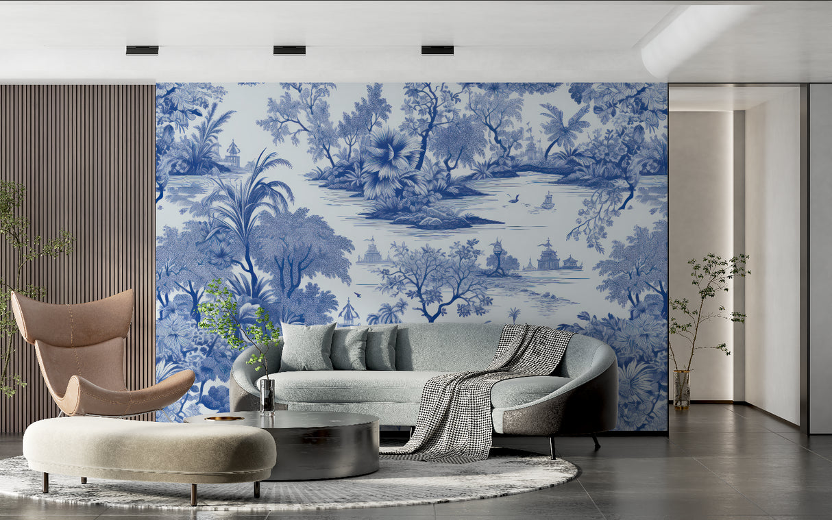 Blue and white oriental wallpaper transforming modern home office space