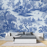Oriental landscape wallpaper adding elegance to hallway entrance