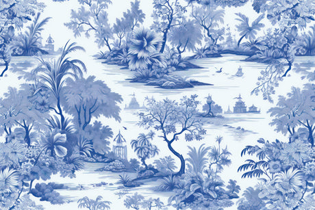 Design file showing detailed blue and white Chinese garden pattern with pagodas and water elements