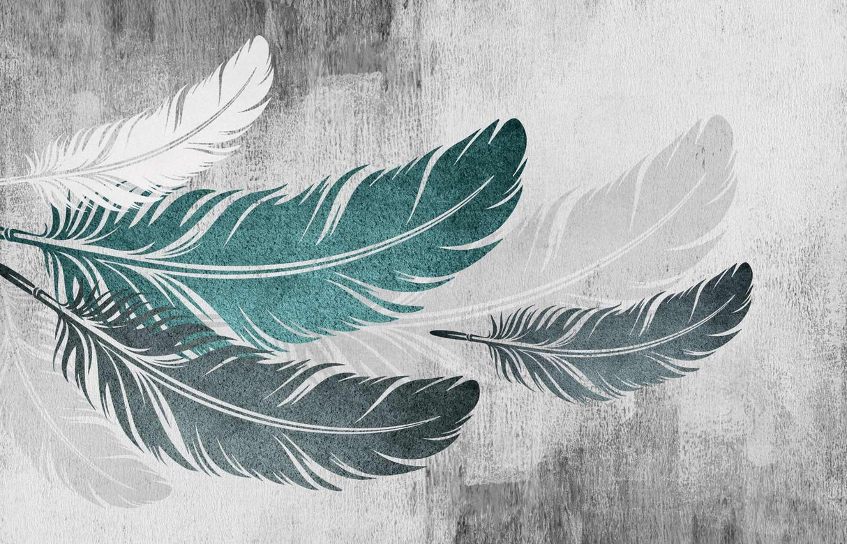 Feather Mural Wallpaper | Modern Teal and Grey Design