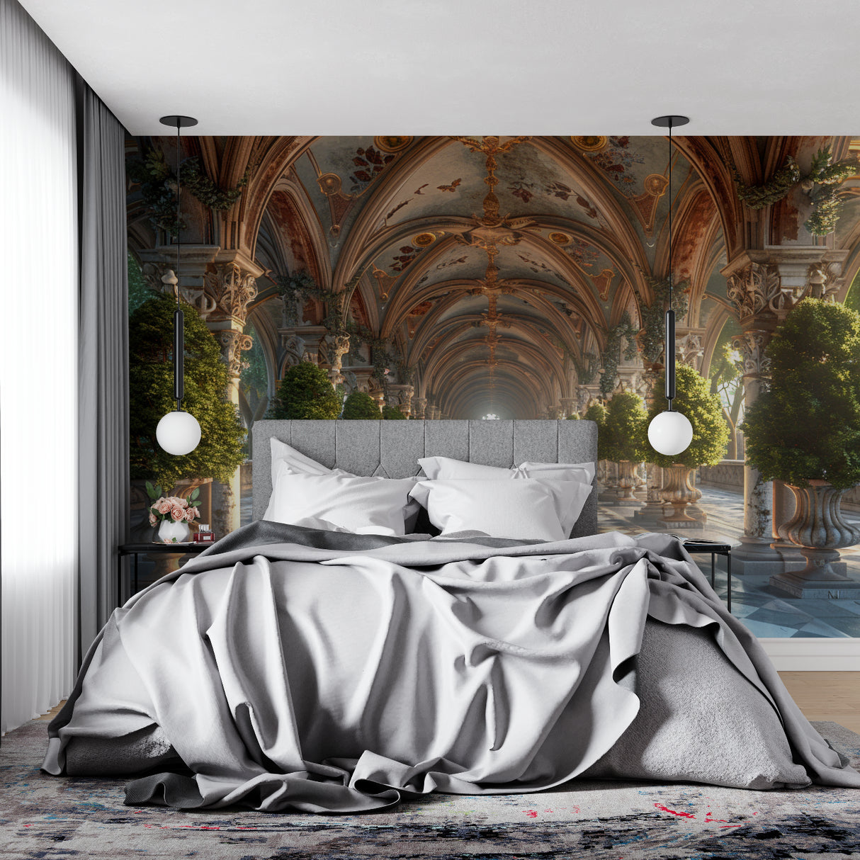 Trompe l'oeil gallery wallpaper creating depth in a bedroom setting