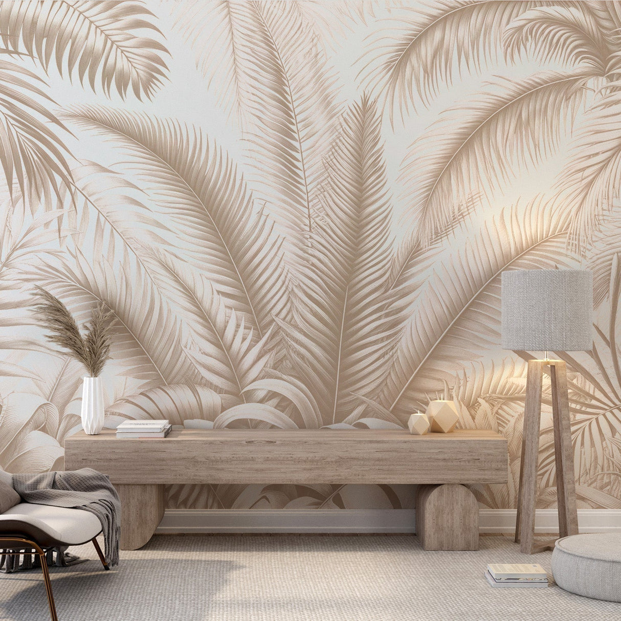 Beige Palm Leaf Wallpaper creating a resort-like atmosphere in a modern living room with natural light