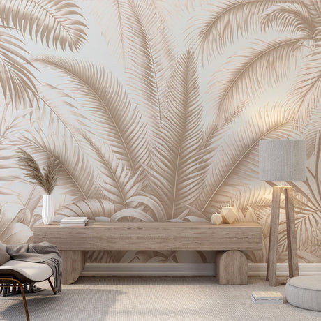 Beige Palm Leaf Wallpaper creating a resort-like atmosphere in a modern living room with natural light