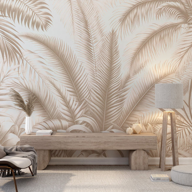 Beige Palm Leaf Wallpaper creating a resort-like atmosphere in a modern living room with natural light