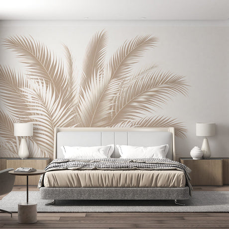 Palm leaf wallpaper mural creating a calm atmosphere in a bright modern living room with beige sofa and natural decor