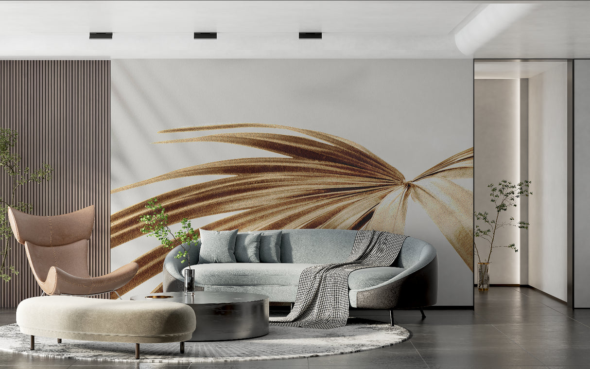 Palm leaf wall mural in beige tones brightening up a cozy bedroom setting