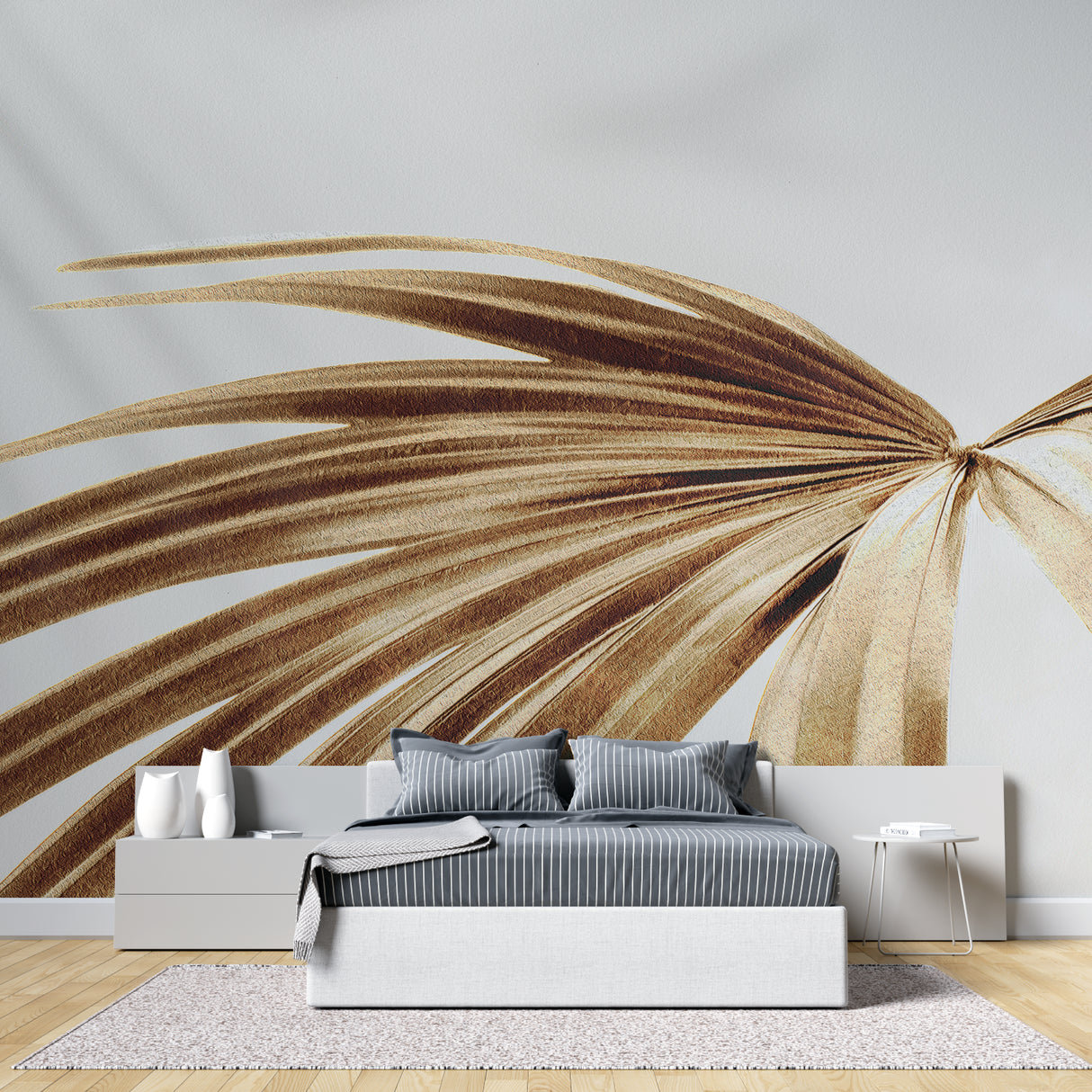 Abstract palm leaf mural adding warmth to a minimalist dining room