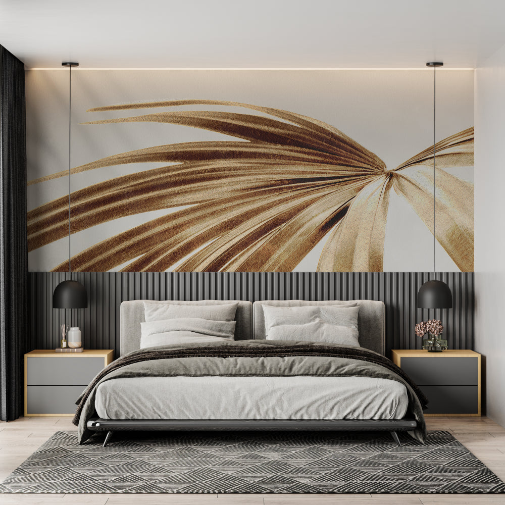 Golden botanical wallpaper making a statement in a home office space