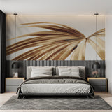 Golden botanical wallpaper making a statement in a home office space