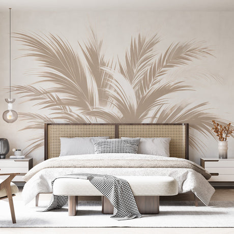 Beige Palm Leaves Mural Wallpaper creating a peaceful atmosphere in a bright living room with modern furniture