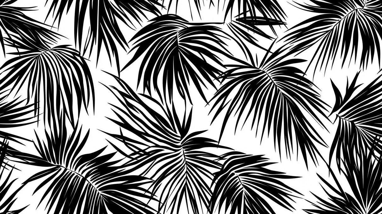 Black and white tropical palm leaves pattern design file showing detailed leaf silhouettes