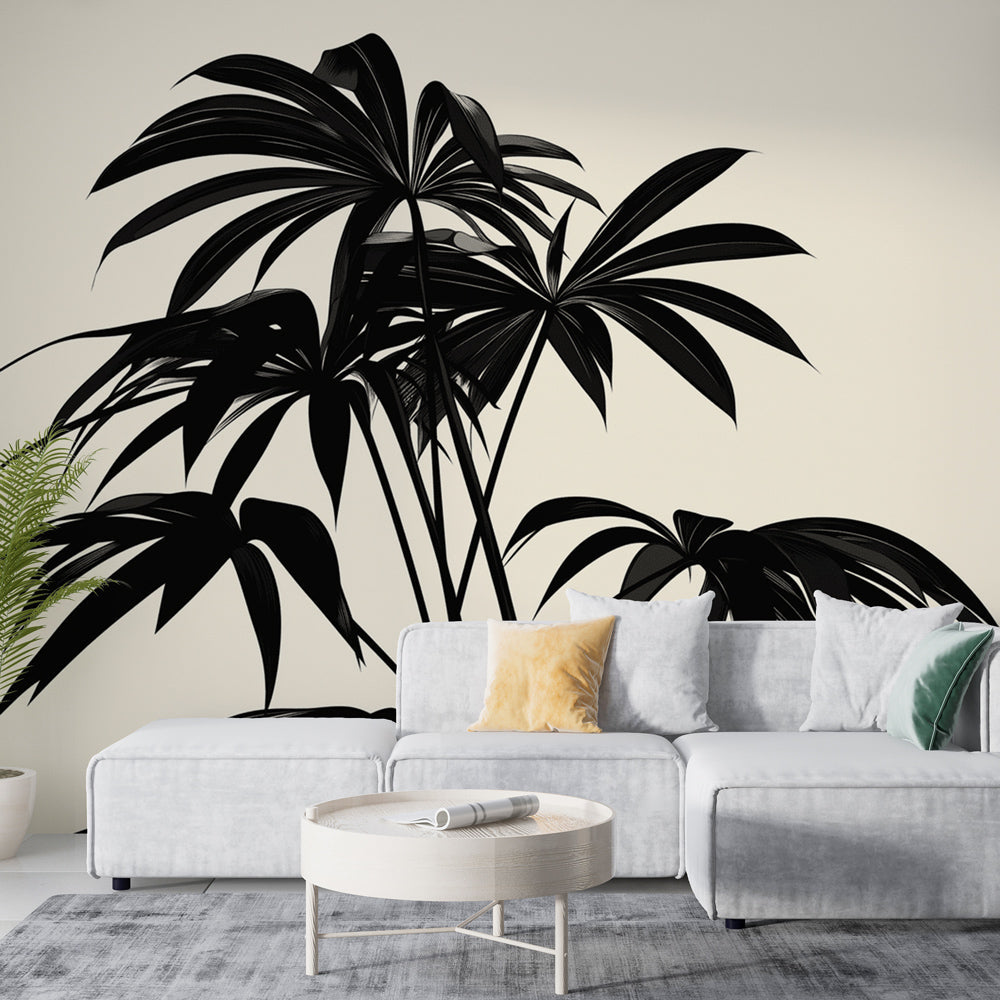 Modern living room featuring black Palm Leaves Mural Wallpaper, showing dramatic tropical silhouettes against soft beige background