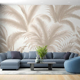Beige Palm Leaves Wallpaper creating a calm atmosphere in a modern living room with natural light
