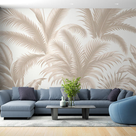 Beige Palm Leaves Wallpaper creating a calm atmosphere in a modern living room with natural light
