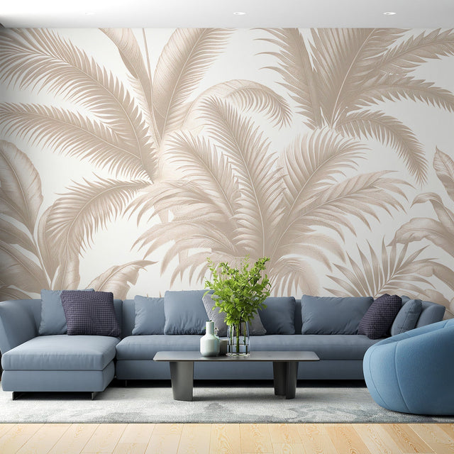 Beige Palm Leaves Wallpaper creating a calm atmosphere in a modern living room with natural light