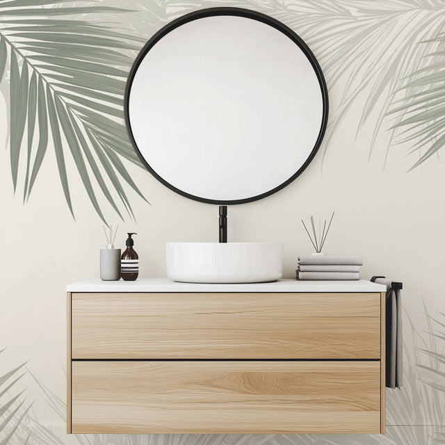 Minimalist Palm Leaves Mural Wallpaper creating a peaceful atmosphere in a modern living room with natural light