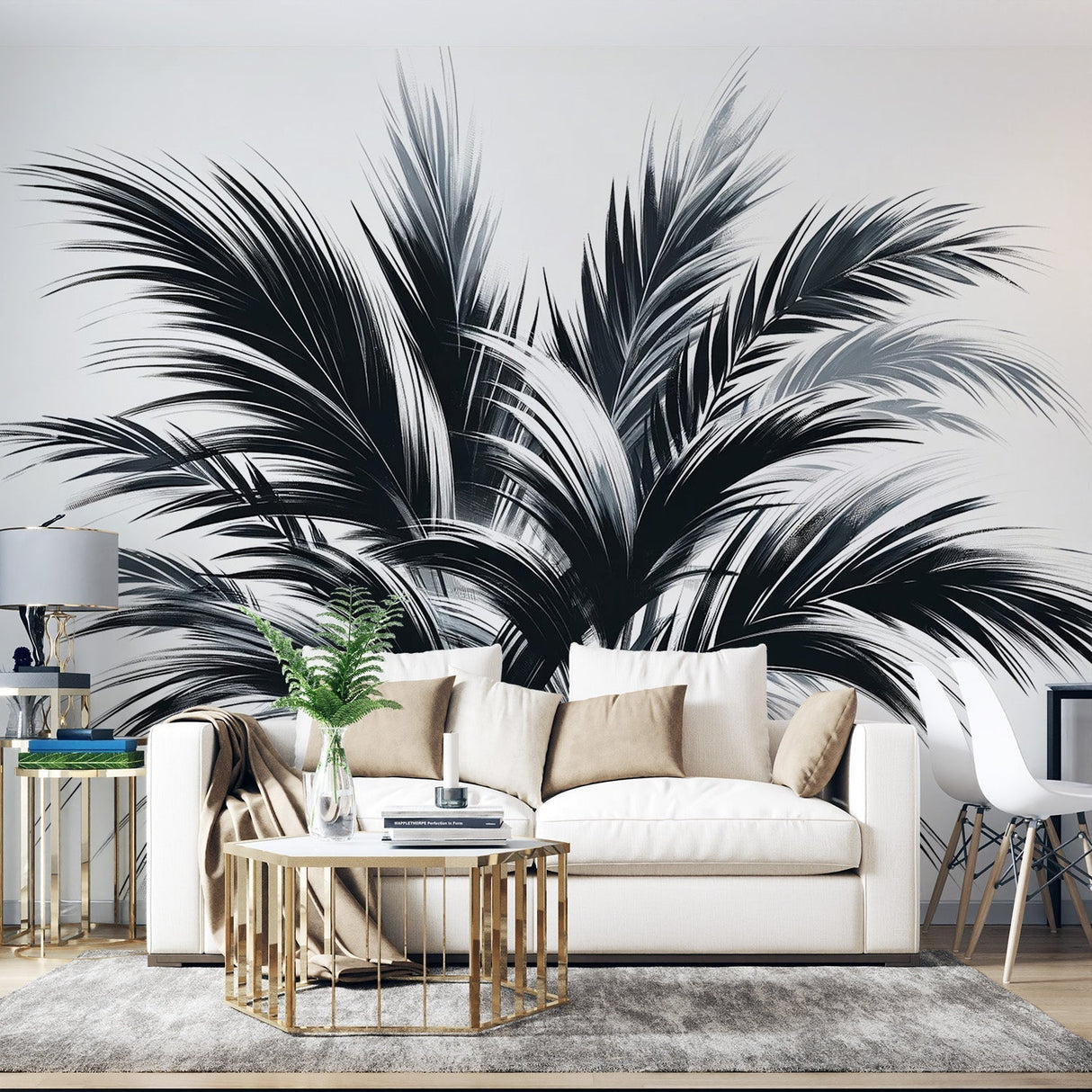 Black and white palm wallpaper creating dramatic impact in modern living room with minimal furniture