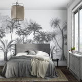Tropical palm mural in black and white adding depth to a minimalist bedroom