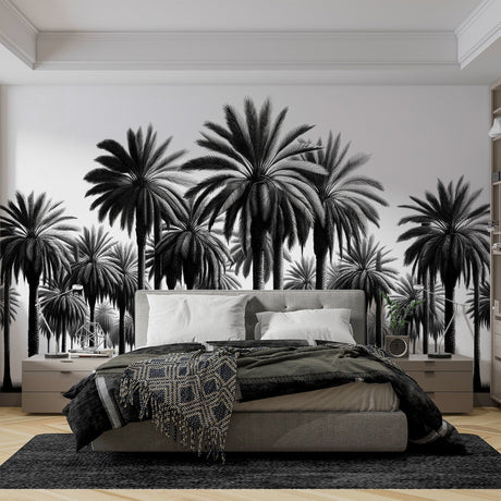Black and white palm tree mural wallpaper creating dramatic impact in modern living room with minimalist furniture