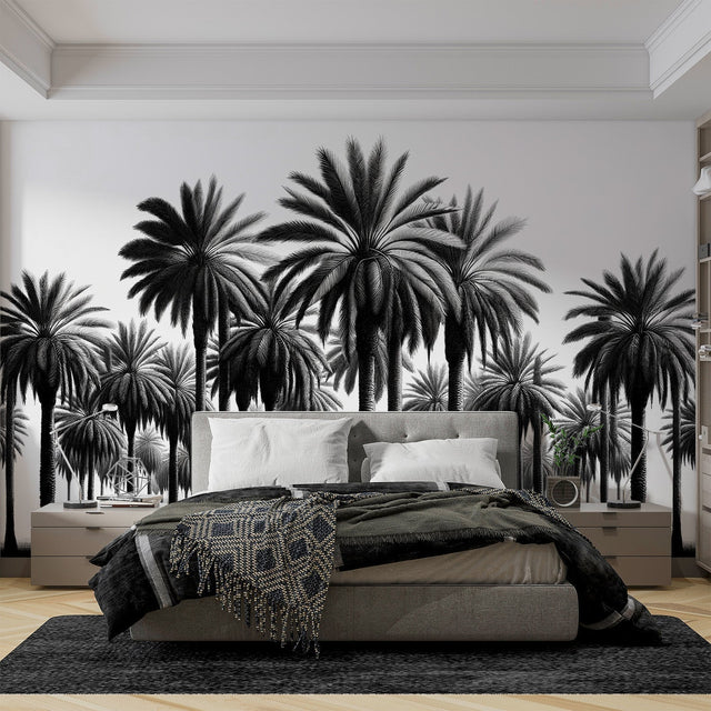 Black and white palm tree mural wallpaper creating dramatic impact in modern living room with minimalist furniture