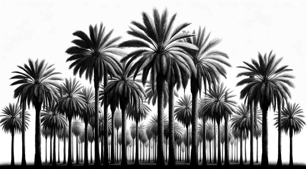 Black and white tropical forest wallpaper design file showing detailed palm silhouettes pattern