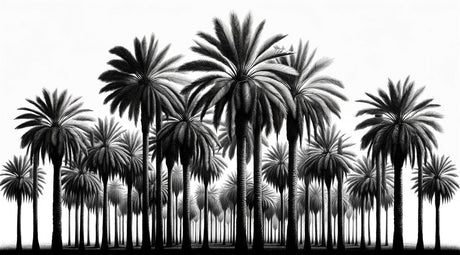 Black and white tropical forest wallpaper design file showing detailed palm silhouettes pattern