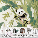 Panda wall mural creating a peaceful atmosphere in a modern nursery with natural light and wooden furniture