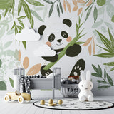 Children's bedroom featuring panda bear wallpaper with soft natural lighting highlighting the peaceful scene