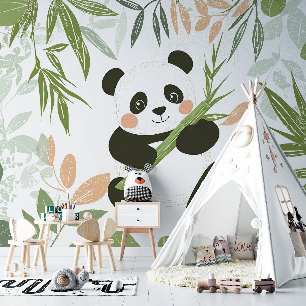 Baby's room featuring gentle panda bear wall mural creating a cozy atmosphere