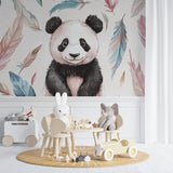 Kids bedroom transformed with sweet panda and feather wall mural in pastel colors