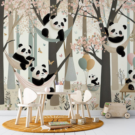 Panda wallpaper mural bringing charm to a bright nursery, with soft pink cherry blossoms creating a peaceful atmosphere