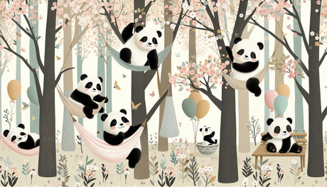 Panda and cherry blossom design file showing detailed pattern with playful pandas and floating balloons