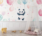 Playroom wall with cute panda wallpaper design showing scale and balloon details