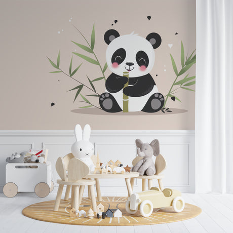 Panda wallpaper mural creating a cozy atmosphere in a modern nursery with white furniture