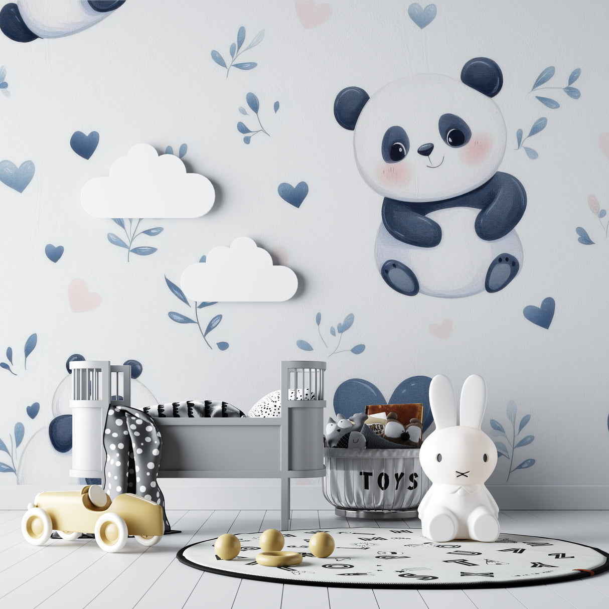 Panda nursery wallpaper in a cozy baby room with soft lighting and matching decor
