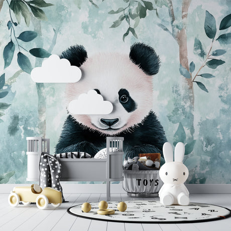 Panda wallpaper creating a peaceful atmosphere in a modern nursery with soft natural lighting