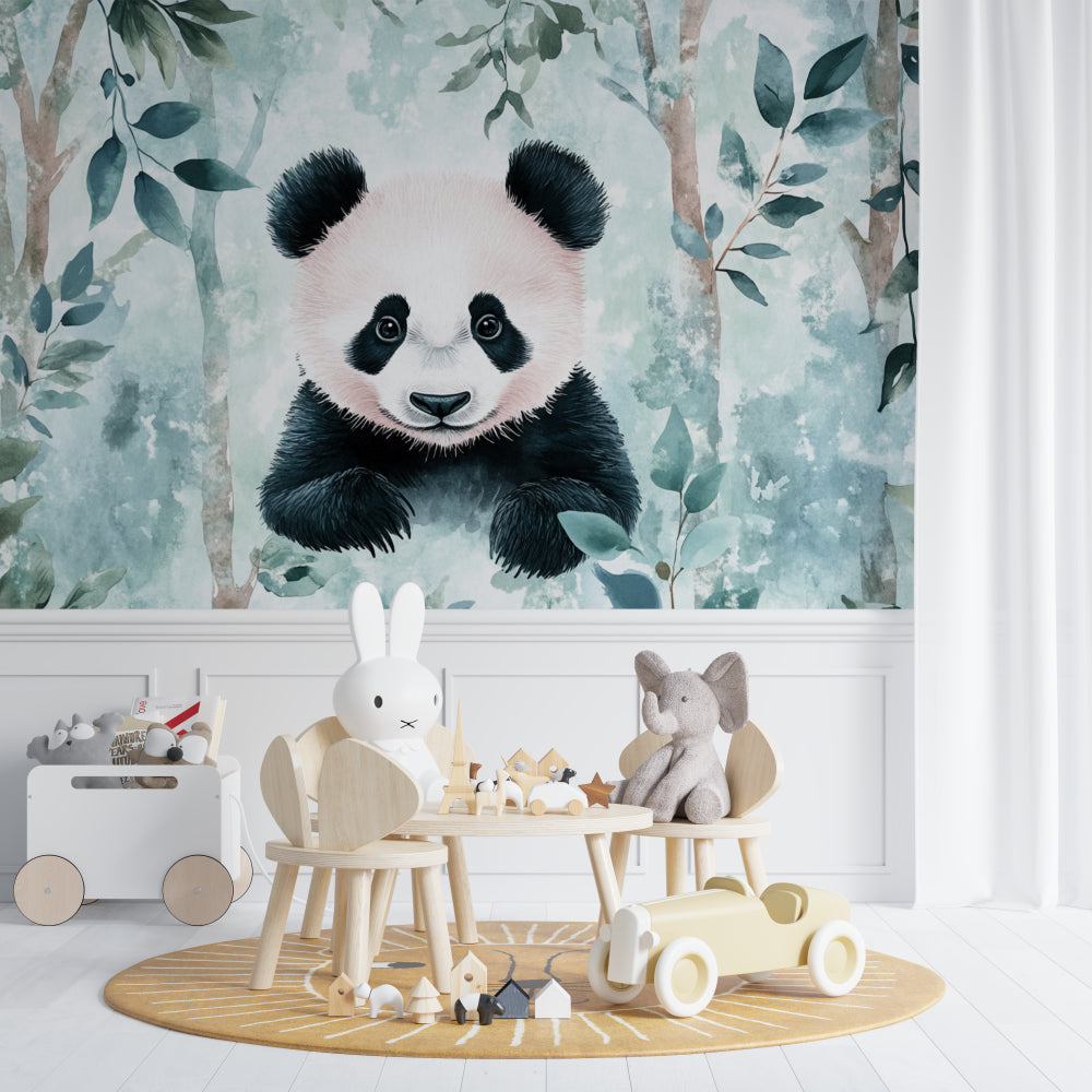 Bedroom featuring enchanted panda wallpaper with minimal Scandinavian furniture