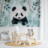 Bedroom featuring enchanted panda wallpaper with minimal Scandinavian furniture