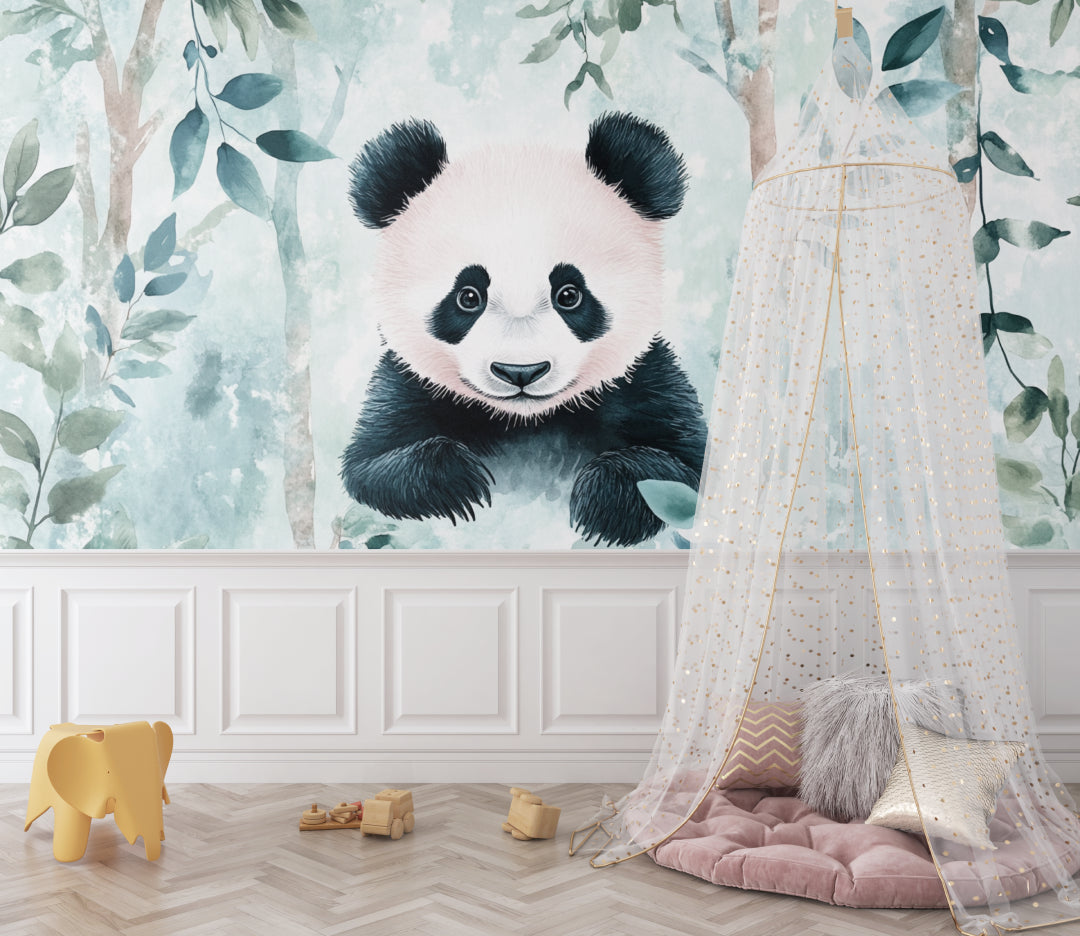 Playroom wall decorated with panda mural showing scale and room depth