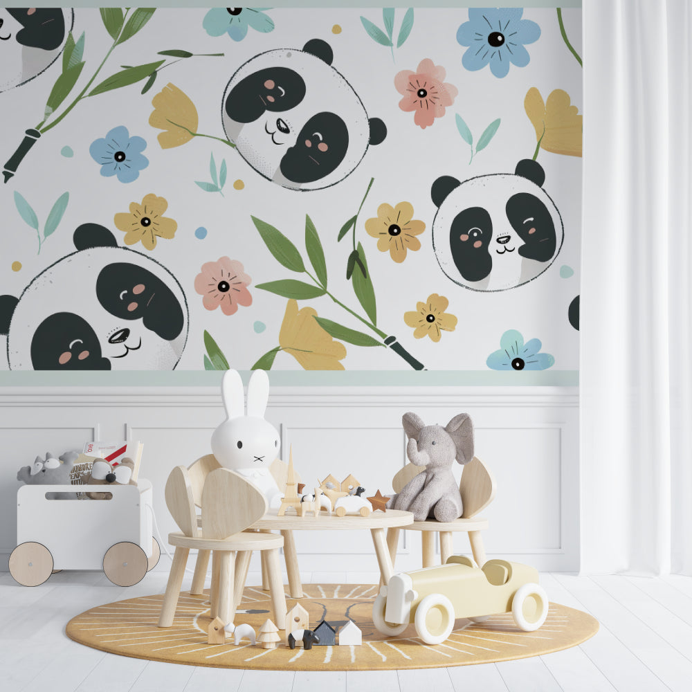 Sweet panda wall mural creating a cozy reading nook in a children's bedroom