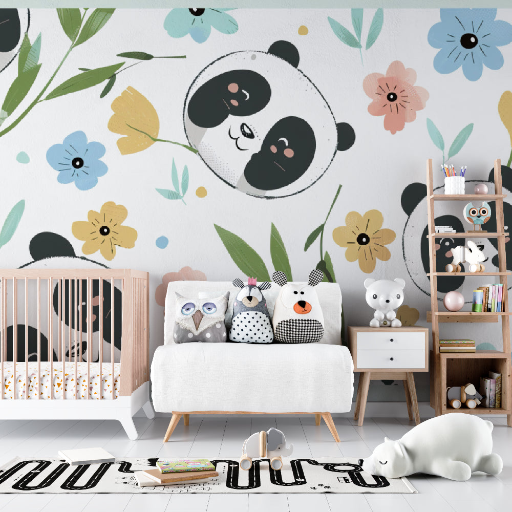 Floral panda wallpaper brightening up a baby's changing area