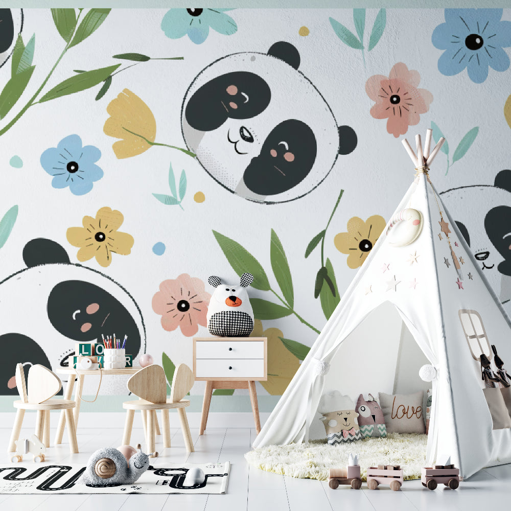 Panda nursery mural adding playful charm to a toddler's play corner