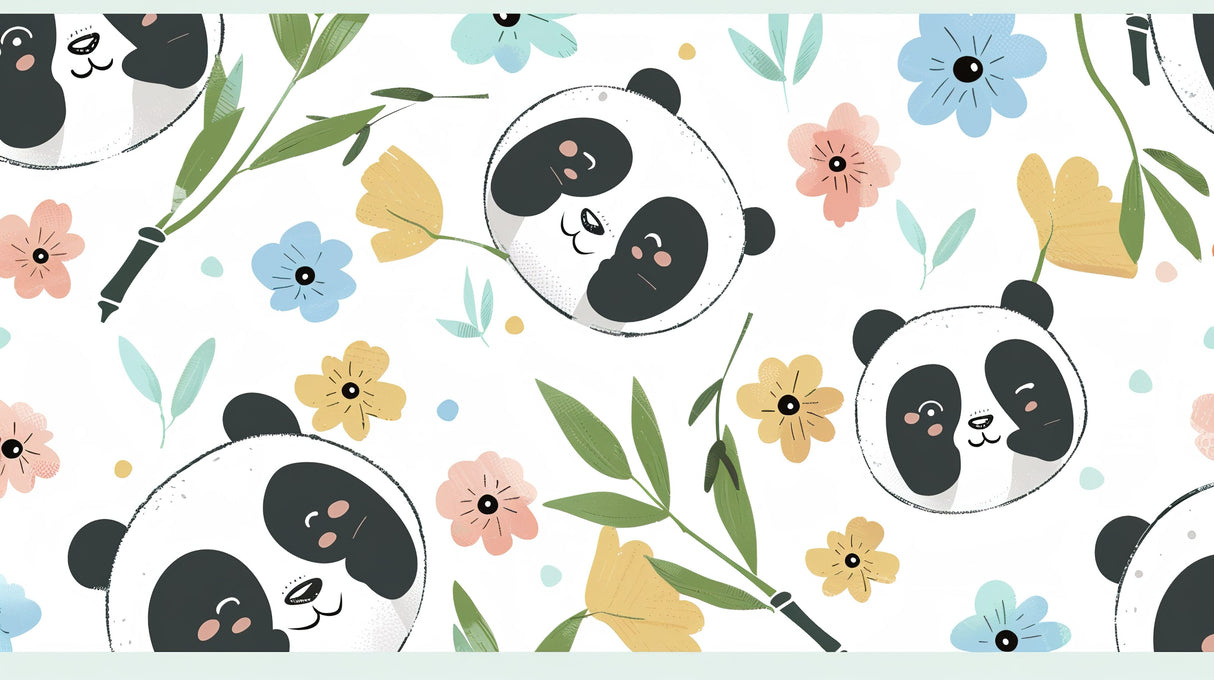 Panda wallpaper design file showing sweet pandas among pastel flowers and bamboo leaves
