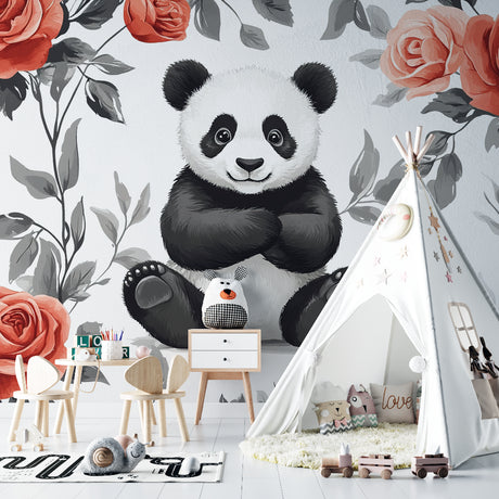 Panda and rose wallpaper in a cozy nursery with white furniture showing the scale of the floral design