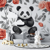 Panda wallpaper mural in a girl's bedroom with pink accents and natural lighting