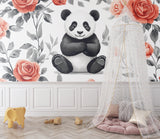 Close-up of panda bear wallpaper showing coral rose details in a playroom setting