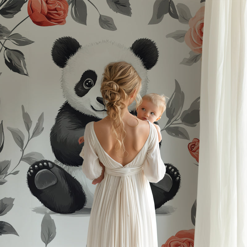 Floral panda wallpaper displayed in a modern children's reading nook