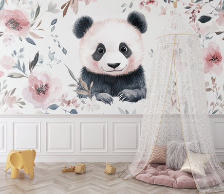 Panda wallpaper mural in a cozy nursery with rocking chair and soft lighting